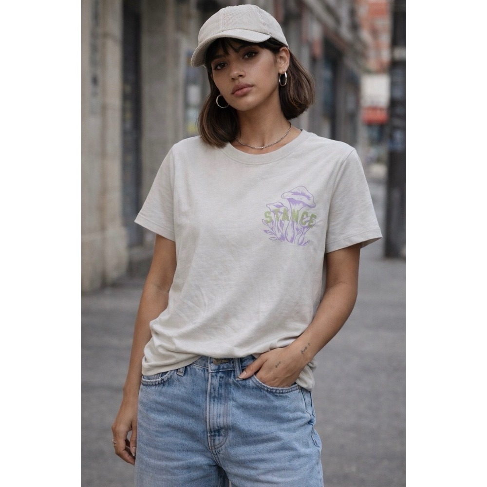 Stance Fun Crew Neck Womens XS Bone Beige Mushroom Graphic Cotton Casual Shirt